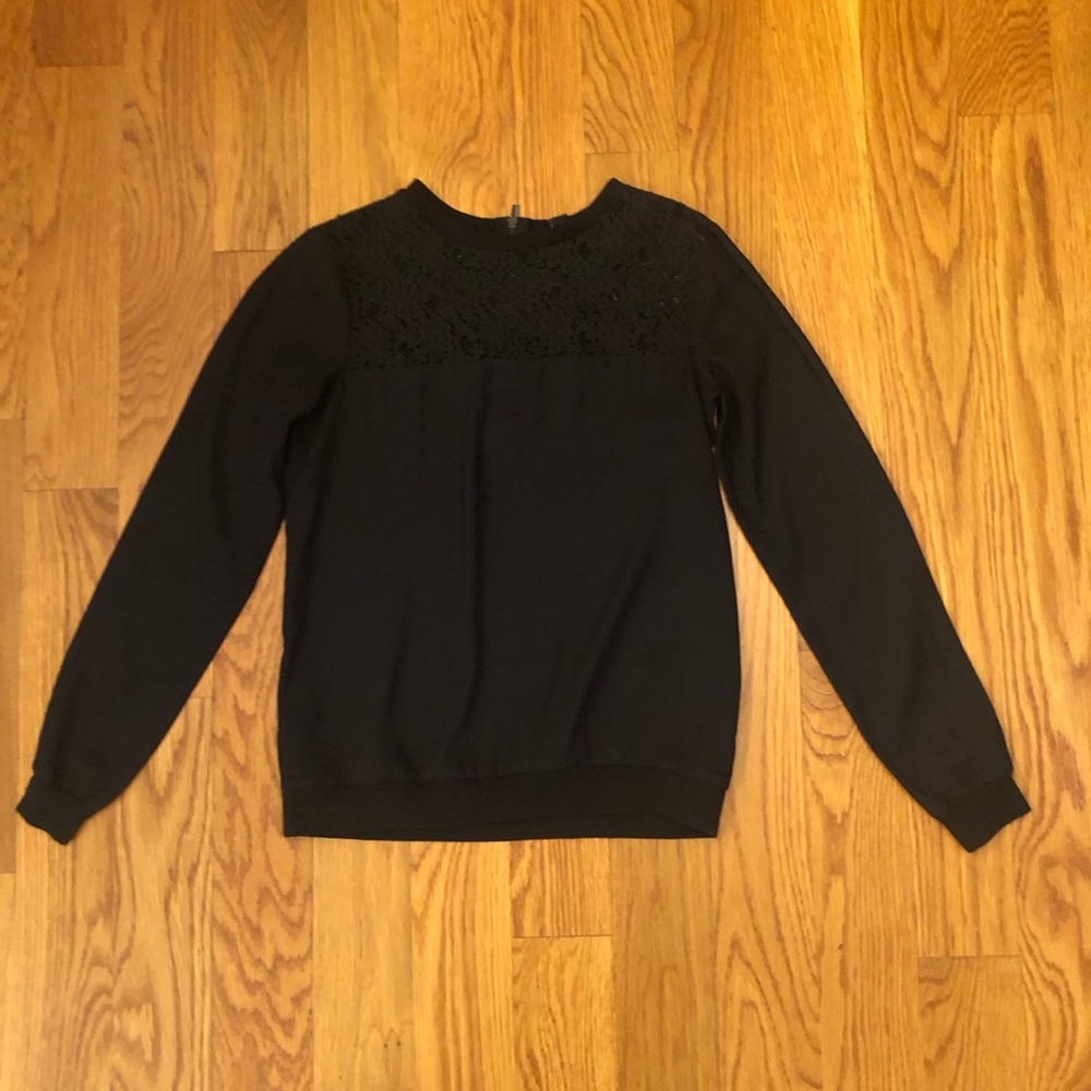 Ann Taylor Black Lace Zipper Long Sleeves Poly Blouse Top XXSP Petite XXS
